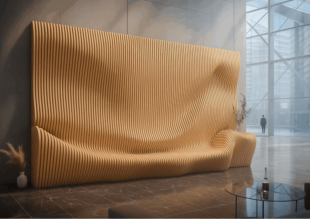 puupaneeliseinä jossa integroitu penkki